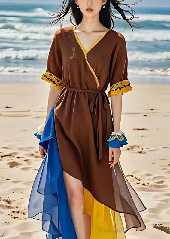 French Brown V Neck Tie Waist Chiffon Patchwork Dress Summer Tunics Polka dots