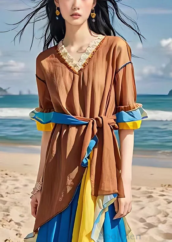 French Coffee Lace Up Chiffon Patchwork Long Dresses Summer Tunics Occasion special