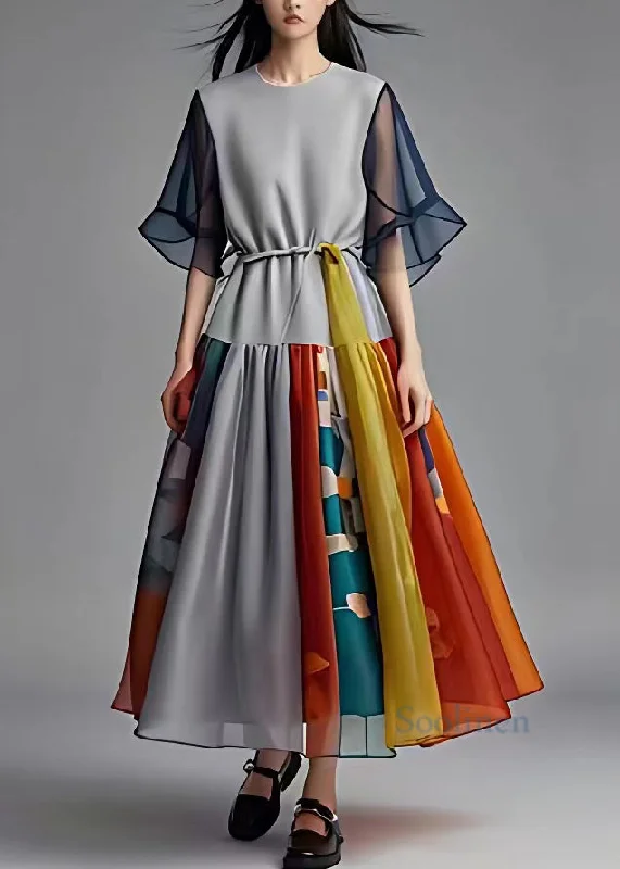 French Grey O-Neck Print Wrinkled Chiffon Long Dress Summer Tunics Chic fashionable