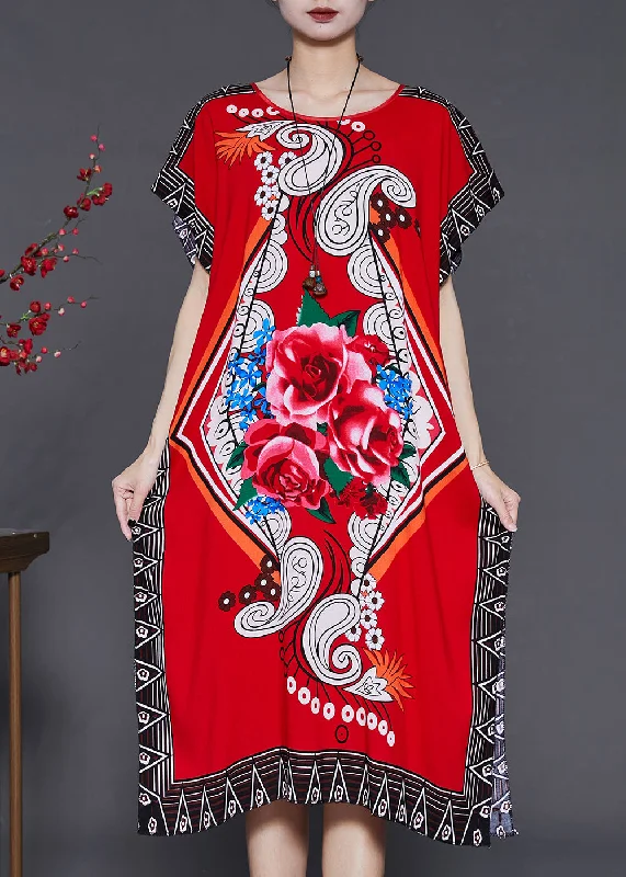 French Red Print Chiffon Long Dress Batwing Sleeve Tunics Cozy soft