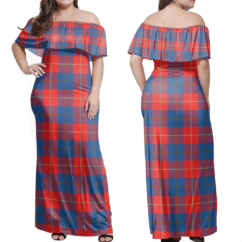 Galloway Red Tartan Off Shoulder Long Dress empire Waist empire