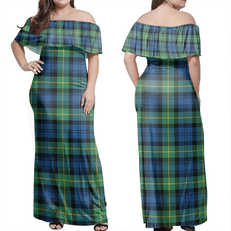 Gordon Ancient Tartan Off Shoulder Long Dress Crew Neckline Sporty