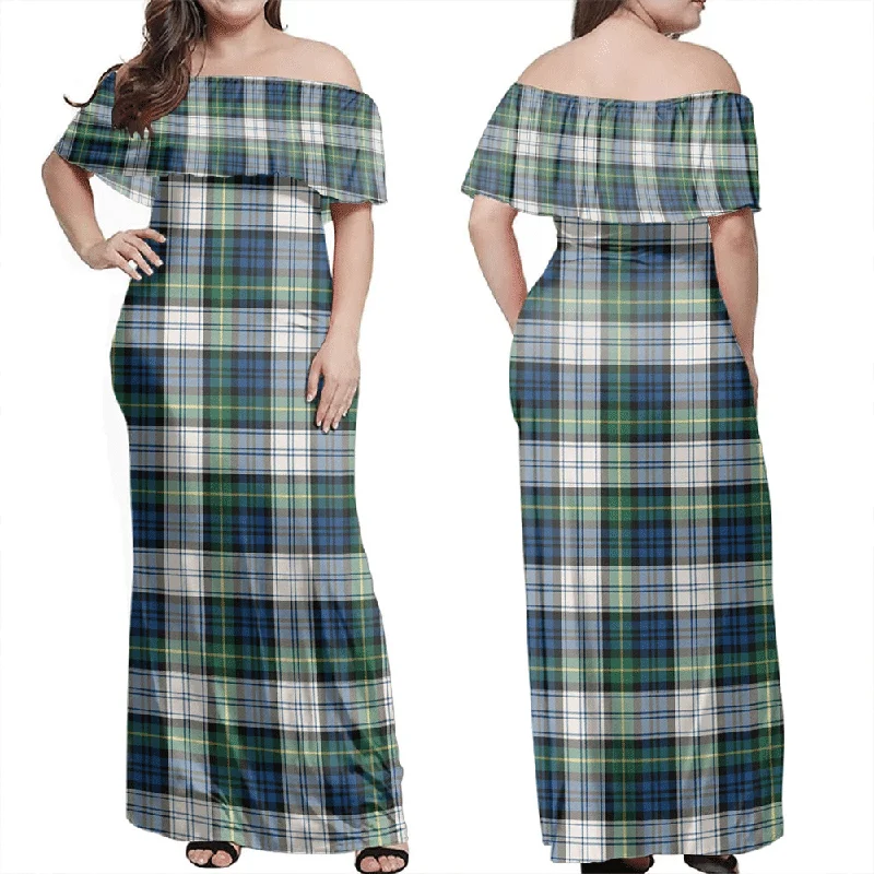 Gordon Dress Ancient Tartan Off Shoulder Long Dress Crew Neckline Casual