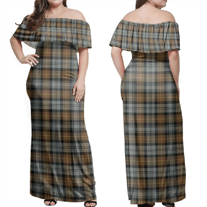 Gordon Old Weathered Tartan Off Shoulder Long Dress Tunics Print Colorful