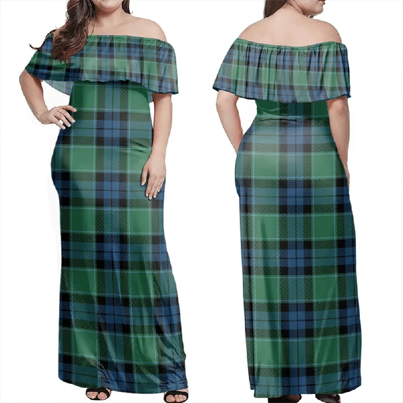 Graham Of Menteith Ancient Tartan Off Shoulder Long Dress Tunics stripes playful