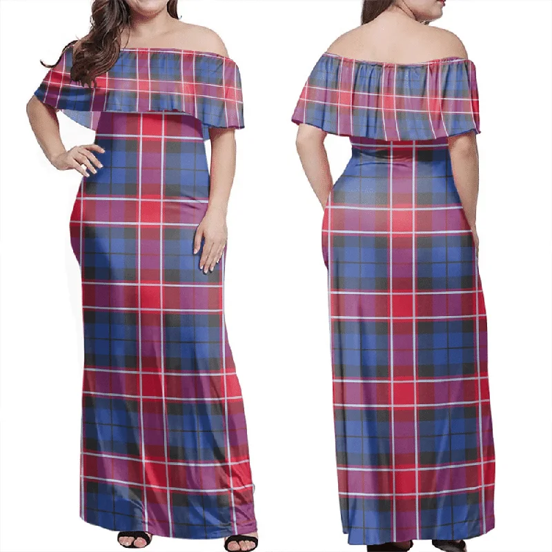 Graham Of Menteith Red Tartan Off Shoulder Long Dress Tunics Lace romantic