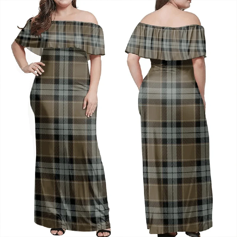 Graham Of Menteith Weathered Tartan Off Shoulder Long Dress Tunics Mesh breathable