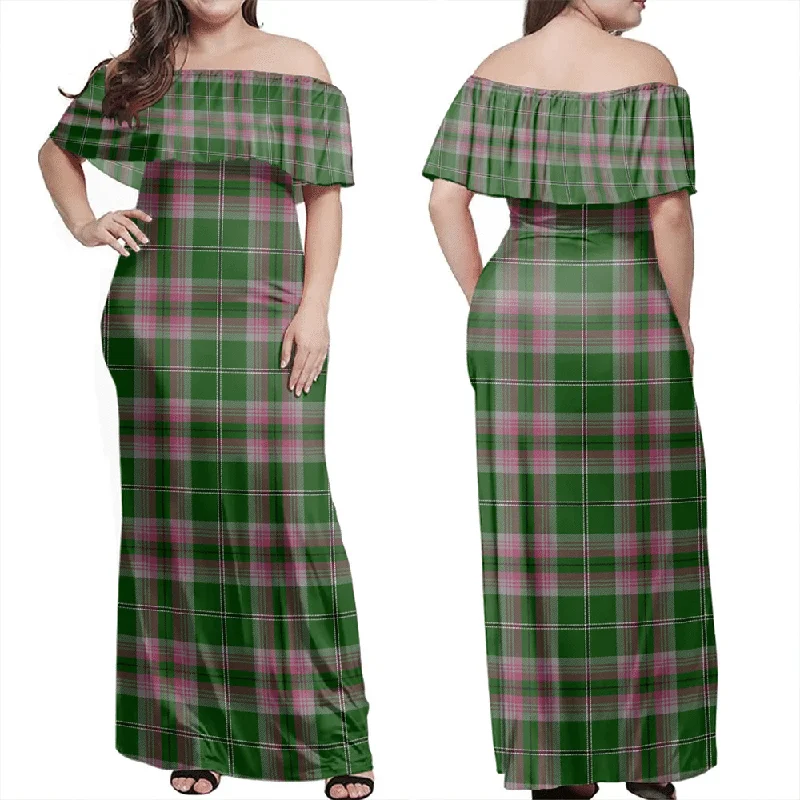 Gray Hunting Tartan Off Shoulder Long Dress Tunics Leisure comfortable
