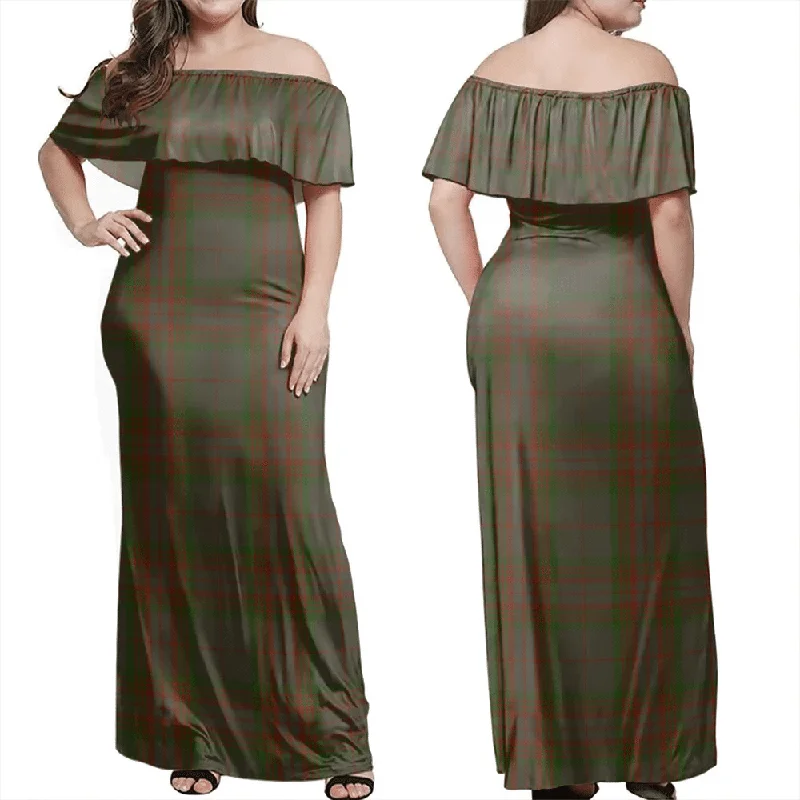 Gray Tartan Off Shoulder Long Dress Tunics Yoga stretchy