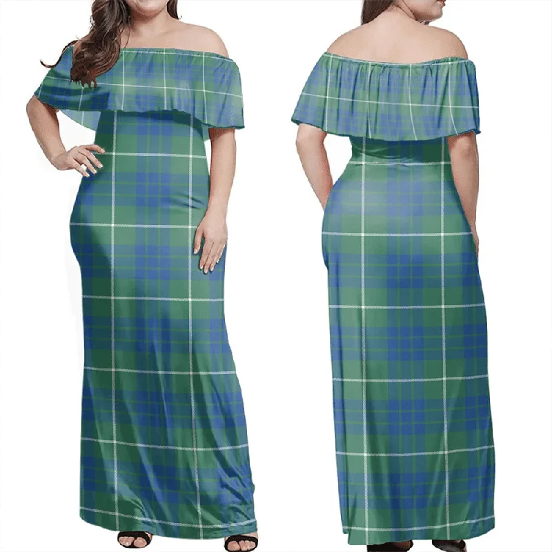 Hamilton Hunting Ancient Tartan Off Shoulder Long Dress Tunics Summer linen
