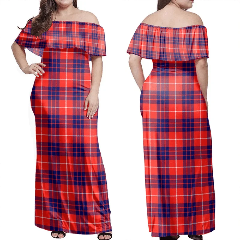 Hamilton Modern Tartan Off Shoulder Long Dress Tunics Designer luxury