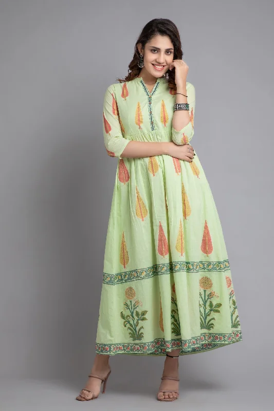 HAND BLOCK PRINTED LONG DRESS A-Line Day Work