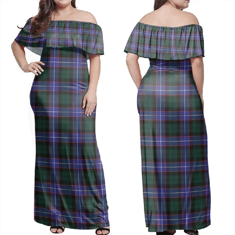 Hunter Modern Tartan Off Shoulder Long Dress Tunics Versatile stylish
