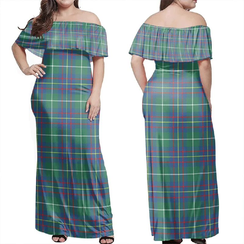 Inglis Ancient Tartan Off Shoulder Long Dress Tunics Trendy modern