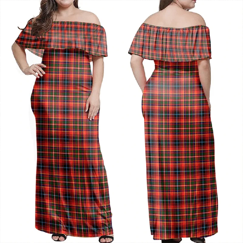 Innes Modern Tartan Off Shoulder Long Dress Tunics Cozy comfortable