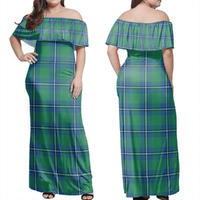Irvine Ancient Tartan Off Shoulder Long Dress Tunics Fashionable trendy