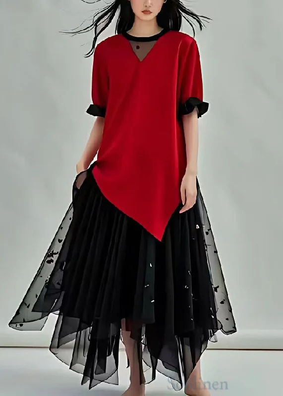 Italian Red Asymmetrical Tulle Patchwork Long Dresses Butterfly Sleeve Tunics Distressed trendy Italian Red Asymmetrical Tulle Patchwork Long Dresses Butterfly Sleeve Tunics Distressed trendy