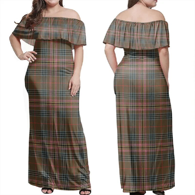 Kennedy Weathered Tartan Off Shoulder Long Dress Elegant Long Evening