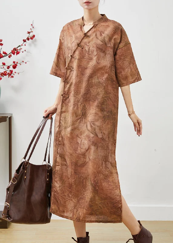 Khaki Tie Dye Linen Long Dresses Chinese Button Summer empire Waist empire