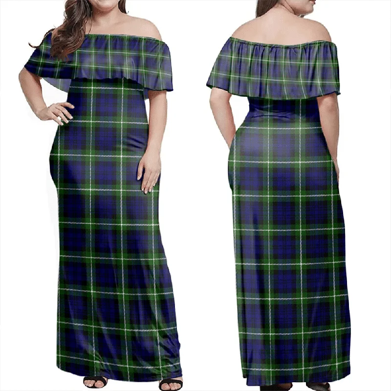 Lamont Modern Tartan Off Shoulder Long Dress Halter Neckline Beach