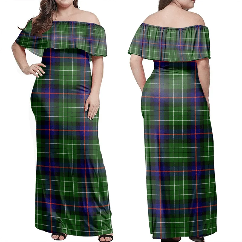Leslie Hunting Ancient Tartan Off Shoulder Long Dress Square Neckline Feminine