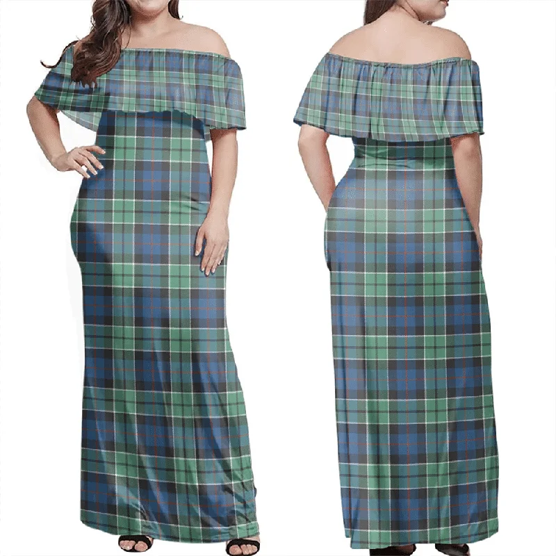 Leslie Hunting Tartan Off Shoulder Long Dress Cowl Neckline Elegant