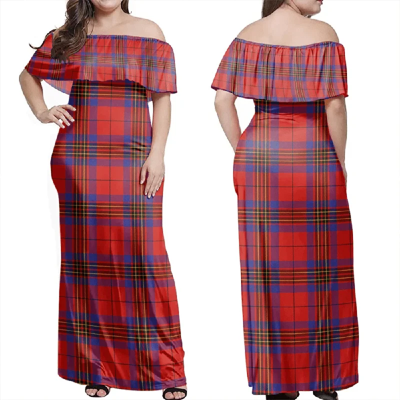 Leslie Modern Tartan Off Shoulder Long Dress Crew Neckline Casual