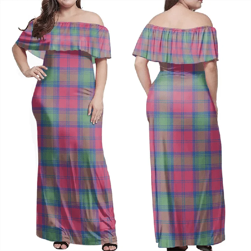 Lindsay Ancient Tartan Off Shoulder Long Dress sweetheart Neckline Romantic
