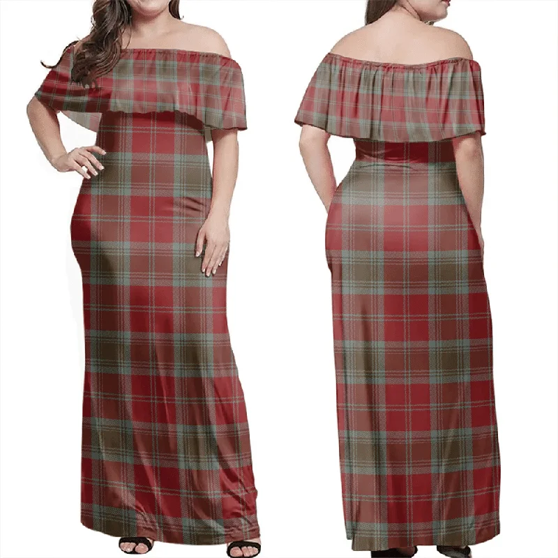 Lindsay Weathered Tartan Off Shoulder Long Dress Turtleneck Neckline Stylish