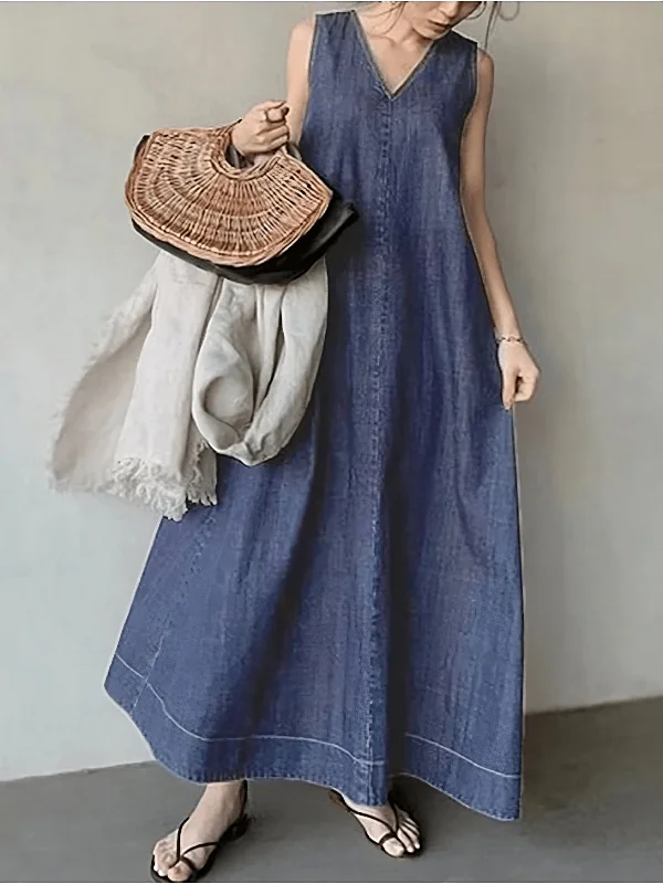 Zjkrl - Literary Denim Tie Back V-Neck Long Dress Tunics Sophisticated sleek