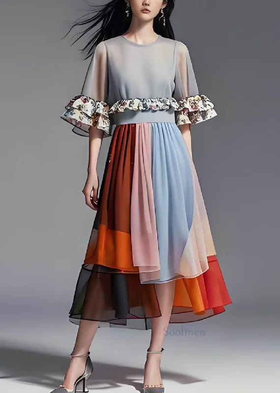 Loose Colorblock Ruffled Organza Patchwork Chiffon Long Dresses Summer Tunics Trendy modern