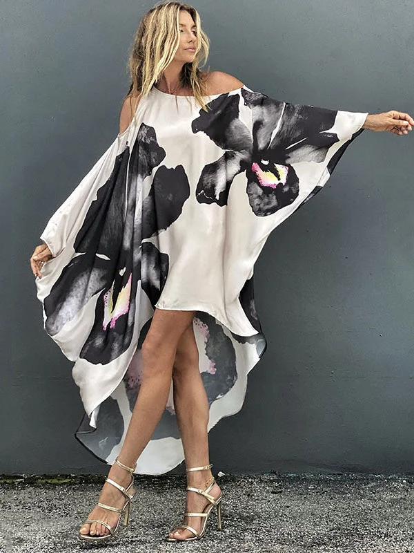 Zjkrl - Loose Flower Print Cold Shoulder High-Low Long Dress Tunics Chic fashionable Zjkrl - Loose Flower Print Cold Shoulder High-Low Long Dress Tunics Chic fashionable