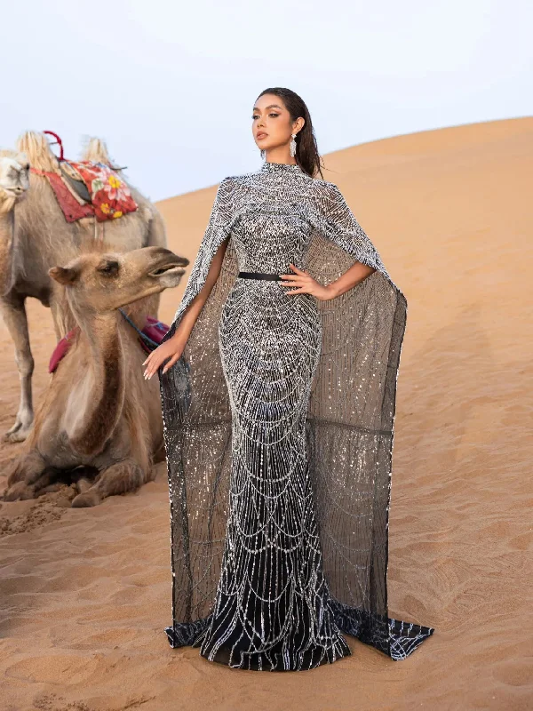Luxury Gorgeous Mock Neck Mermaid Hem Beaded Sequin Cape Dress Floral Print girly
