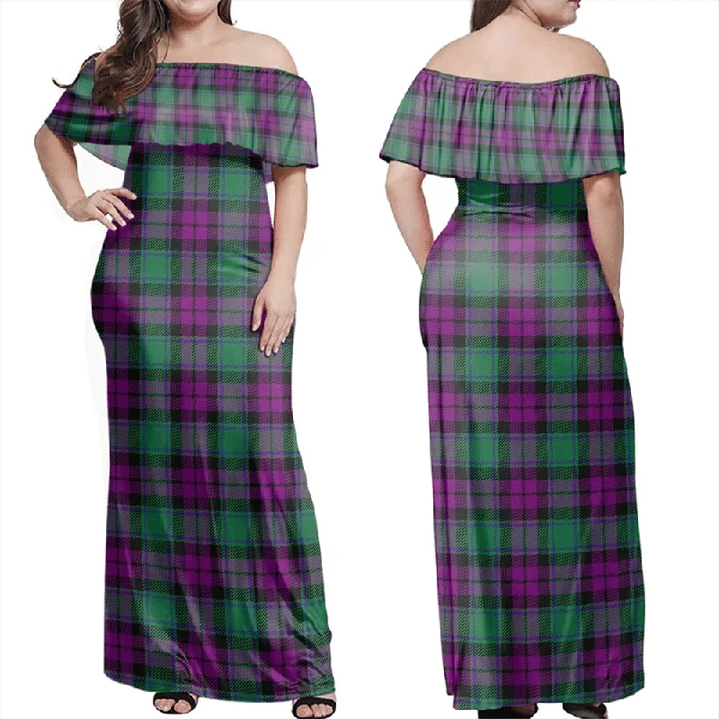 MacArthur Milton Tartan Off Shoulder Long Dress Tunics Denim casual