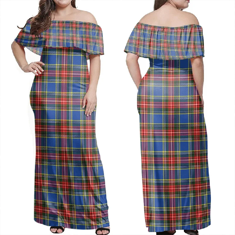 MacBeth Modern Tartan Off Shoulder Long Dress Tunics Office stylish