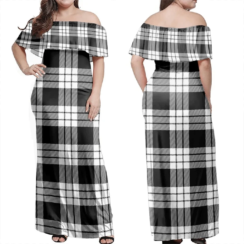 MacFarlane Black & White Ancient Tartan Off Shoulder Long Dress Tunics Versatile all-occasion