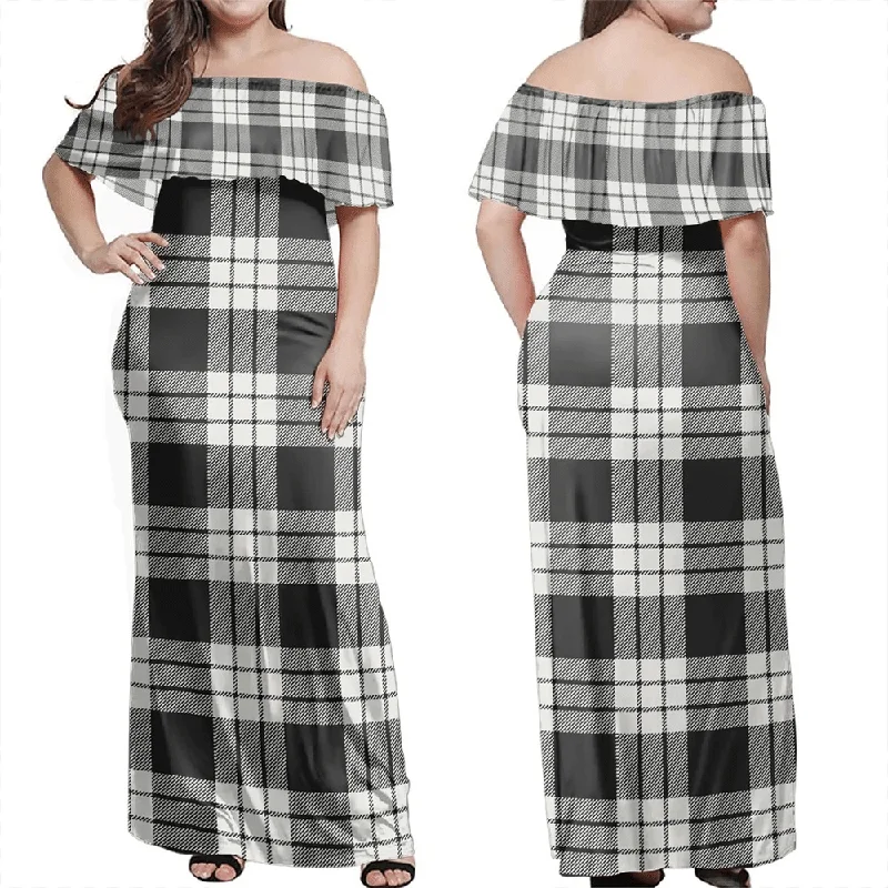 MacFarlane Black & White Tartan Off Shoulder Long Dress Tunics Fashionable chic