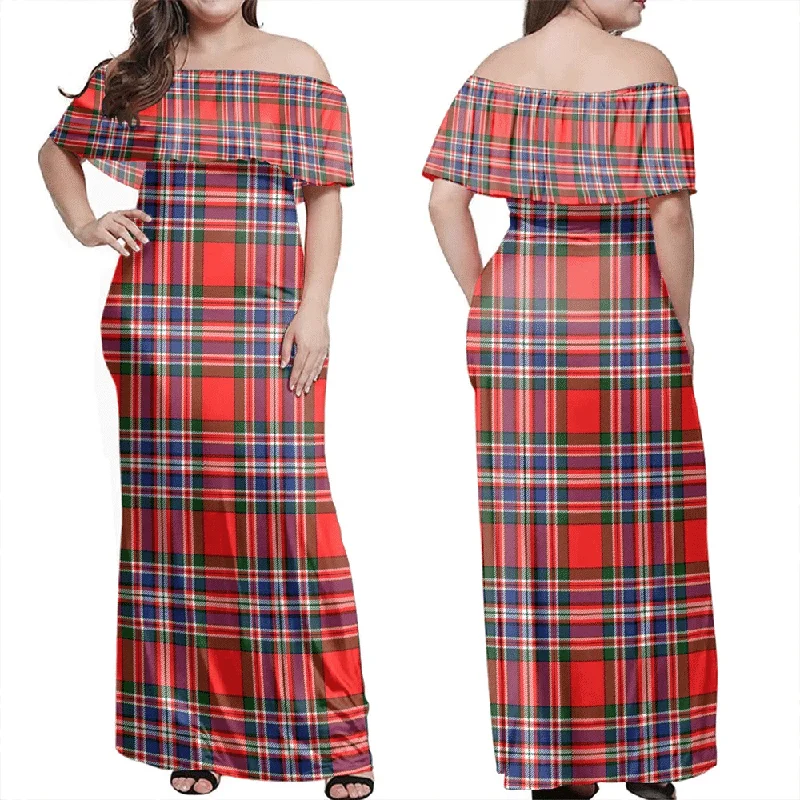 MacFarlane Modern Tartan Off Shoulder Long Dress Elegant Long Evening