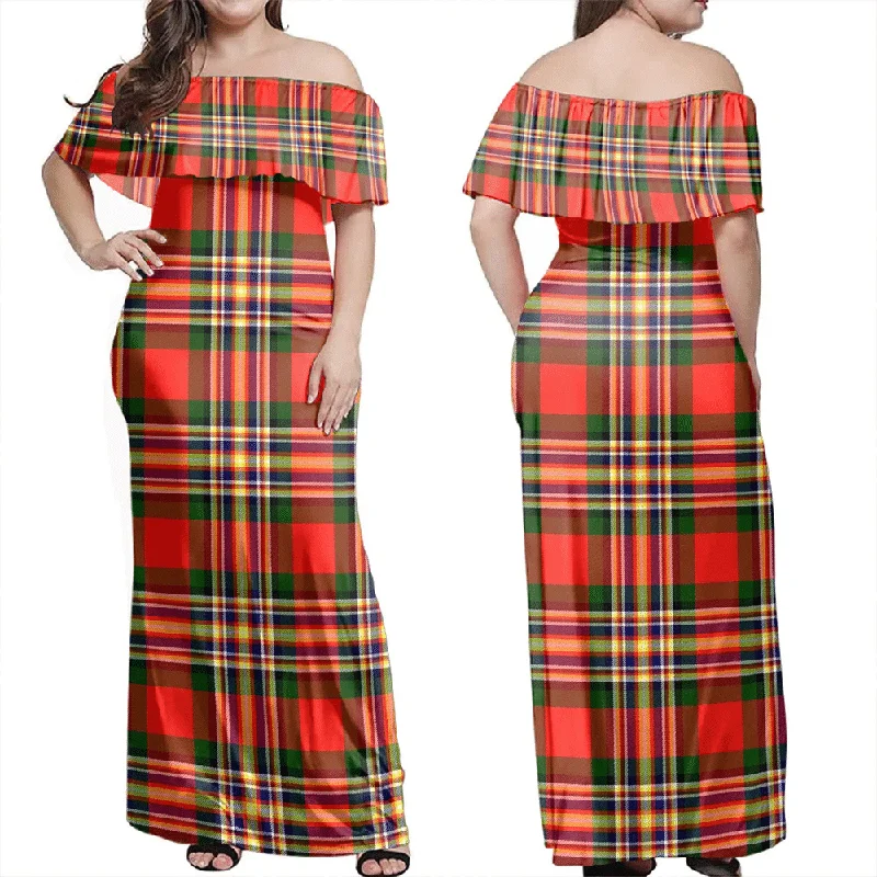 MacGill Modern Tartan Off Shoulder Long Dress Maxi Flowy Bohemian