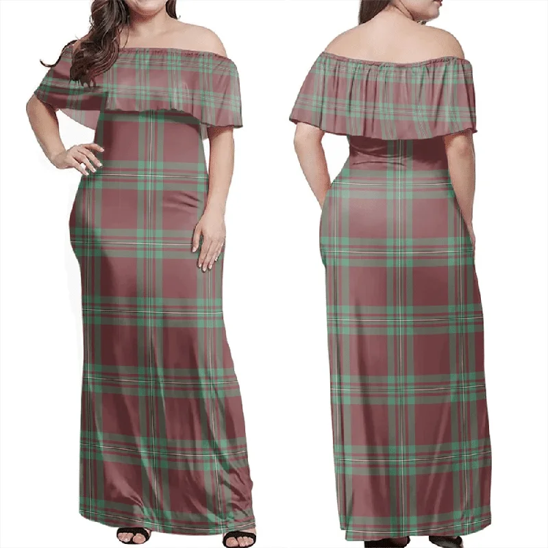 MacGregor Hunting Ancient Tartan Off Shoulder Long Dress Boatneck Modish Everyday