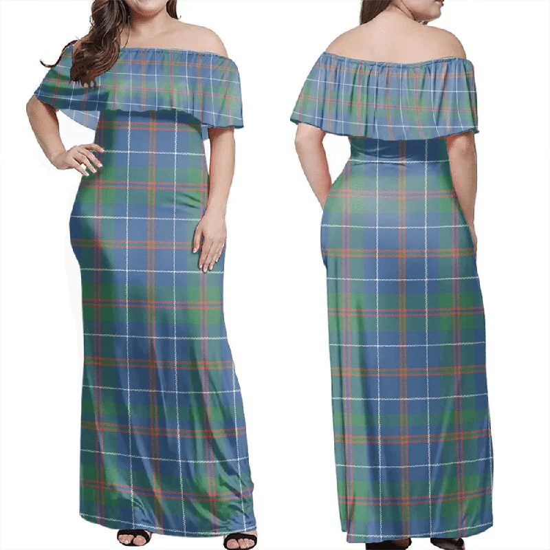 MacHardy Ancient Tartan Off Shoulder Long Dress Cowl Neckline Elegant