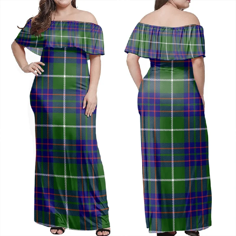 MacIntyre Hunting Modern Tartan Off Shoulder Long Dress Tunics Solid Classic