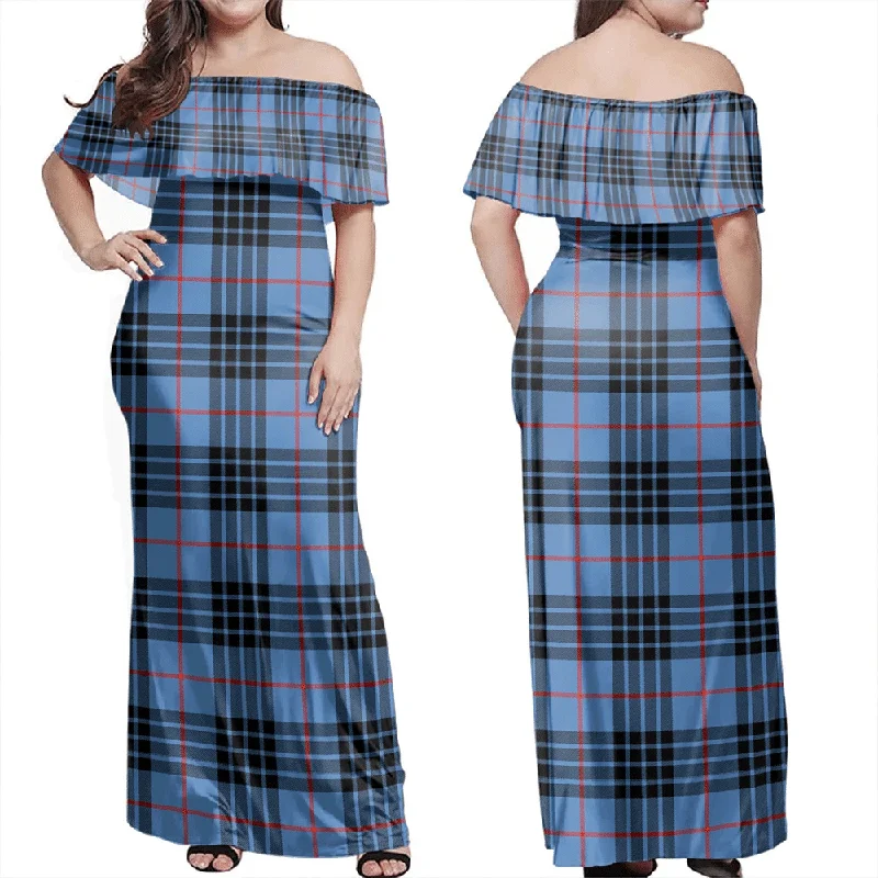 MacKay Blue Tartan Off Shoulder Long Dress Tunics Satin smooth