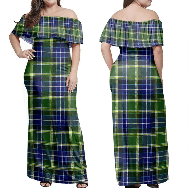 MacKellar Tartan Off Shoulder Long Dress Tunics Distressed trendy