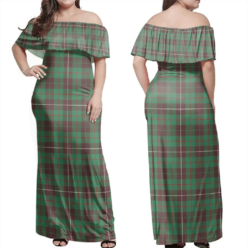 MacKinnon Hunting Ancient Tartan Off Shoulder Long Dress Tunics Ceremony elegant