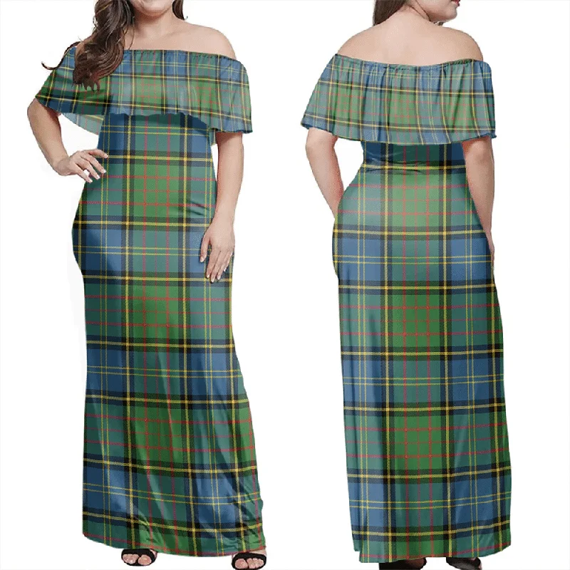 MacMillan Hunting Ancient Tartan Off Shoulder Long Dress Elegant Long Evening