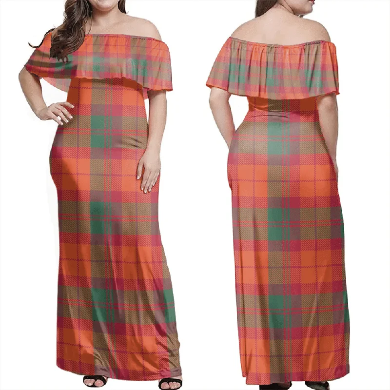 MacNab Ancient Tartan Off Shoulder Long Dress Boat Neckline Classic