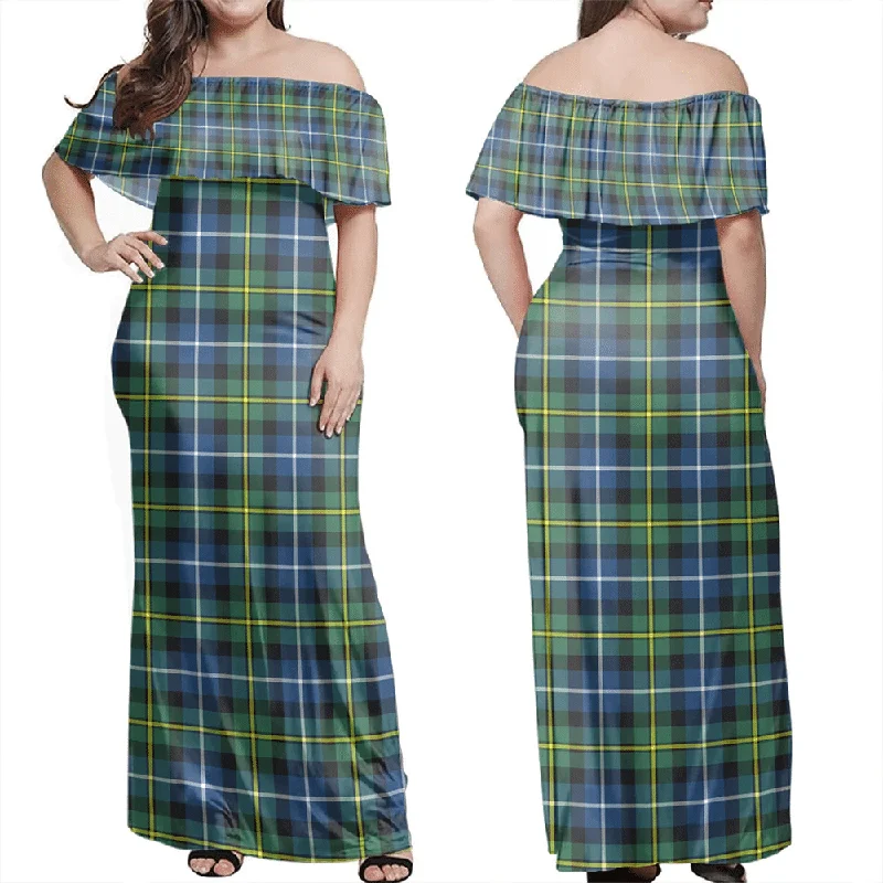 MacNeill Of Barra Ancient Tartan Off Shoulder Long Dress Tunics stripes playful