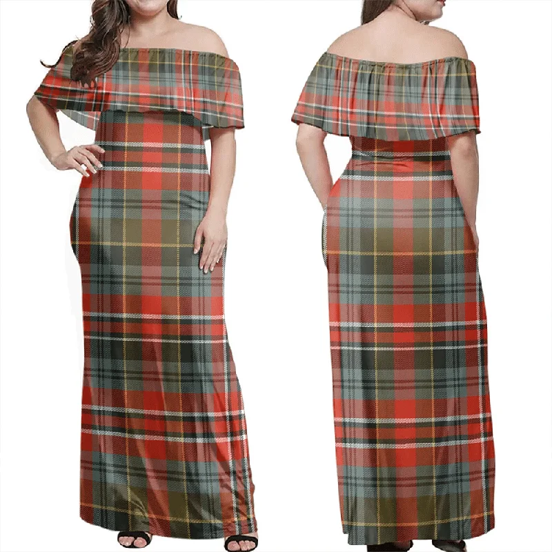 MacPherson Weathered Tartan Off Shoulder Long Dress Tunics Office stylish