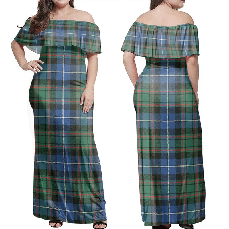 MacRae Hunting Ancient Tartan Off Shoulder Long Dress Tunics Winter warm